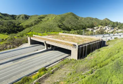 The Aerial Wallis Annenberg Wildlife Crossing over the 101 freeway.