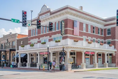 Brick two-story hotel from 1800s in Bentonville, Arkansas.