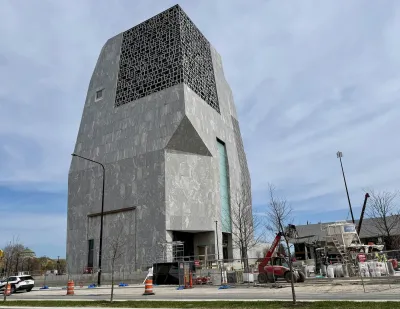 Grey tower, part of the obama Presidential Center in Chicago, Illinois.
