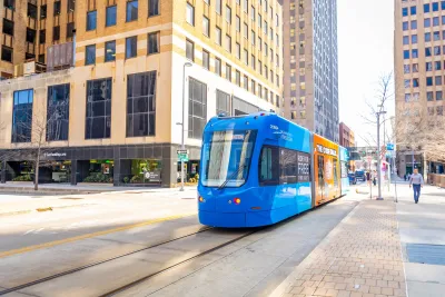Blue Oklahoma City streetcar in downtown.