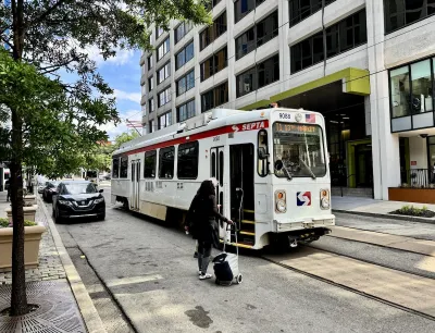 A person boards a SEPTA bus.