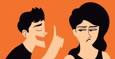 Art of a man mansplaining to a woman who is tired of listening
