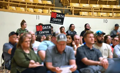 No Data Center Protestors inside the Civic auditorium during the town hall meeting in Emporia, Kansas.