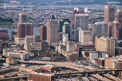 Aerial view of downtown Baltimore, Maryland with freeways in foreground