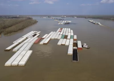 Aerial view of shipping barge on the Mississippi River