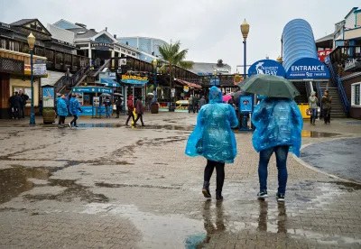 tourists in blue raincoats walk on Pier 39 in the rain in San Francisco.