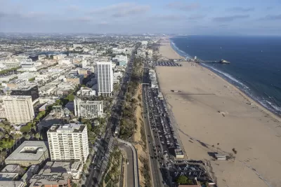 Aerial view of Santa Monica, California beach and buildings