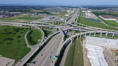 Aerial of I-10 freeway interchange in Houston, Texas.