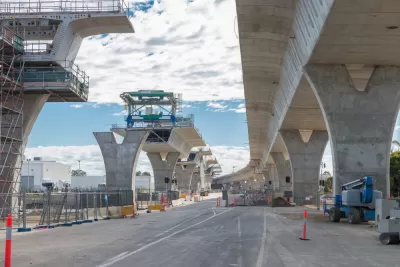 Concrete highway overpasses under construction, view from below