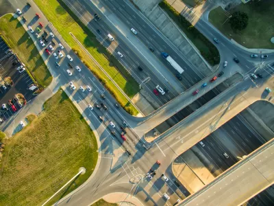Aerial direct overhead view of I-35 freeway in Austin, Texas