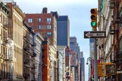 View of New York City apartment buildings.