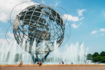 Giant metal globe sculpture in Flushing Meadows Corona Park in Queens, New York City.
