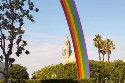 Rainbow, a public art installation by American artist Tony Tasset, rises 94 feet above Sony Pictures Studios in Culver City 