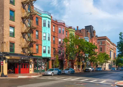 Boston street with four-story bricks buildings 