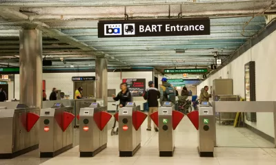 Fare gates at underground BART station in San Francisco, California