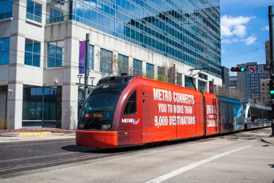 Red Metrorail train in downtown Houston, Texas