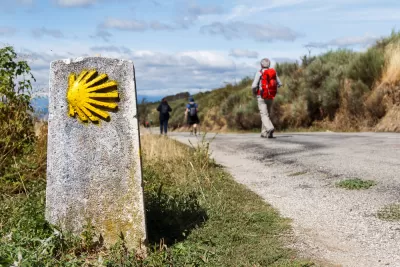 People walking on the Camino de Santiago trail in Spain