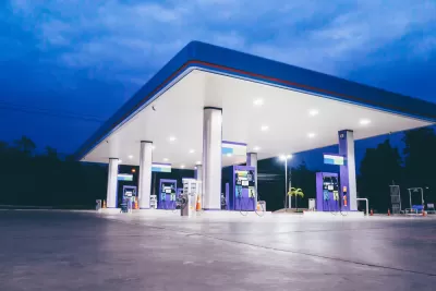 Nighttime view of empty gas station