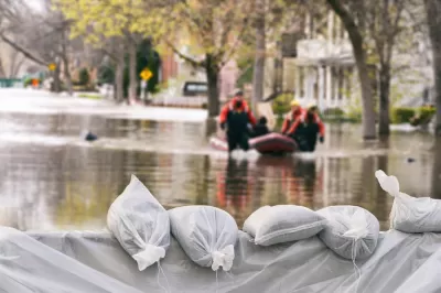 Sandbags in a flood with flooded buildings in background