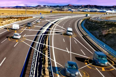 Photo of cars on two-way separated highway with illustrated lines between them indicating tech-driven decisions
