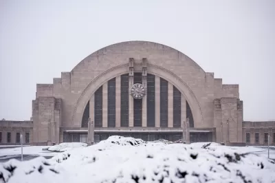 View of snowy Union Station building in Cincinnati, Ohio