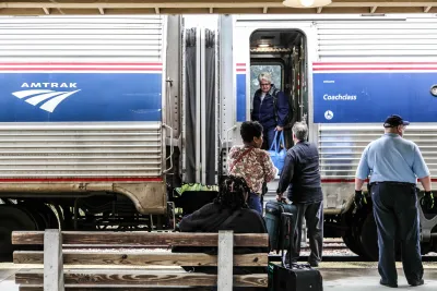 Passengers boarding an AMtrak train in Deland, Florida.