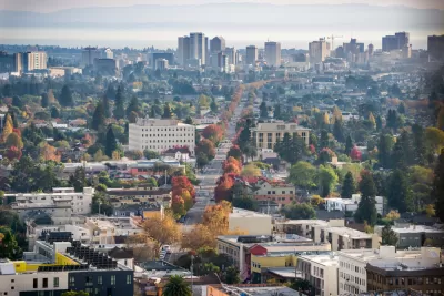 Aerial view of Oakland, California with bay in background