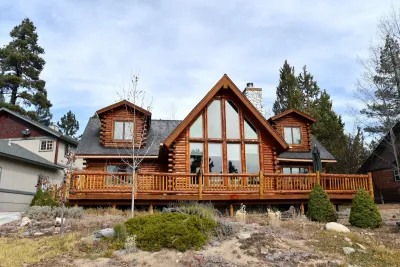 Wood A-frame cabin in Big Bear, California.