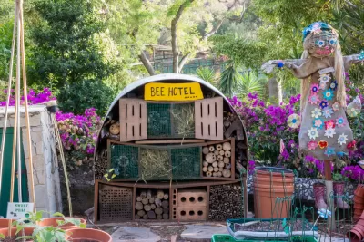 Garden with bee houses labeled 'bee hotel' and scarecrow