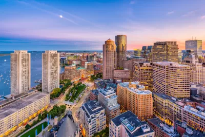 Aerial view of high-rise buildings on waterfront in Boston, Massachusetts