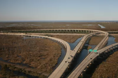 Aerial view of I-10 junction over swamp near New Orleans, Louisiana