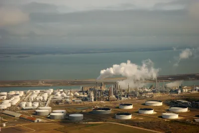 Aerial view of liquid storage tanks and the coast in Corpus Christi, Texas.