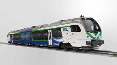 A battery-powered train. The front of the train is white, it gradually fades into a dark blue color.