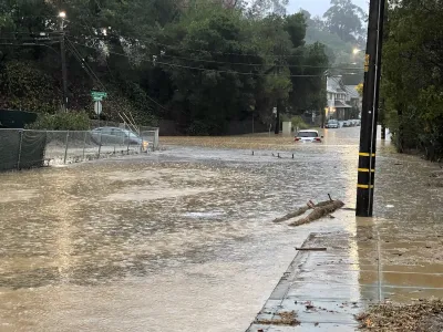 A flooded road in Oakland.