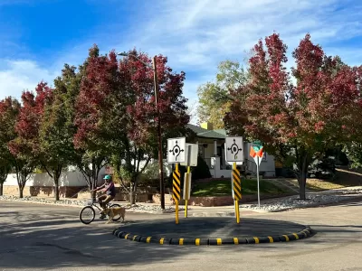 Cyclist with dog passing through a small neighborhood traffic circle in Denver, Colorado.
