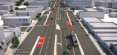 A rendering of the Vermont BRT line, which shows two red bus lanes.