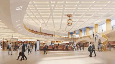 Rendering of people walking through redesigned Penn Station concourse with wooden benches.