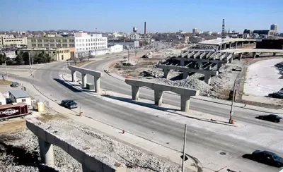 Elevated freeway being demolished in Milwaukee, Wisconsin.
