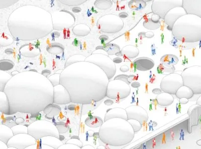 Master of Architecture small image of a white bubble snow like area with blue, red, yellow, and green people all over