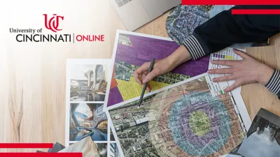 Image of a person pointing to a map overtop several papers over a wooden desk with the University of Concinnati Online logo in left hand corner
