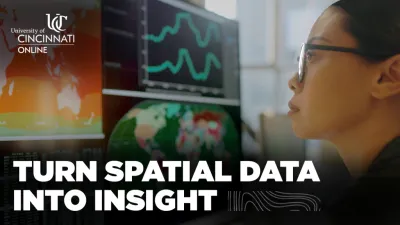 Image of a women staring at a computer screen with data maps displayed with bold white words saying "Turn Spatial Data Into Insight"