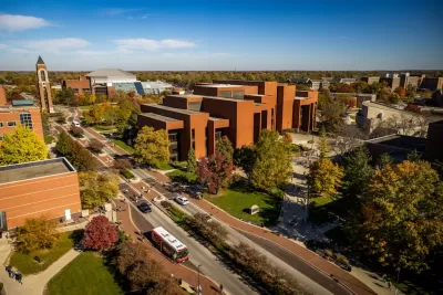 Image of Ball State University campus skyline with brown buildings