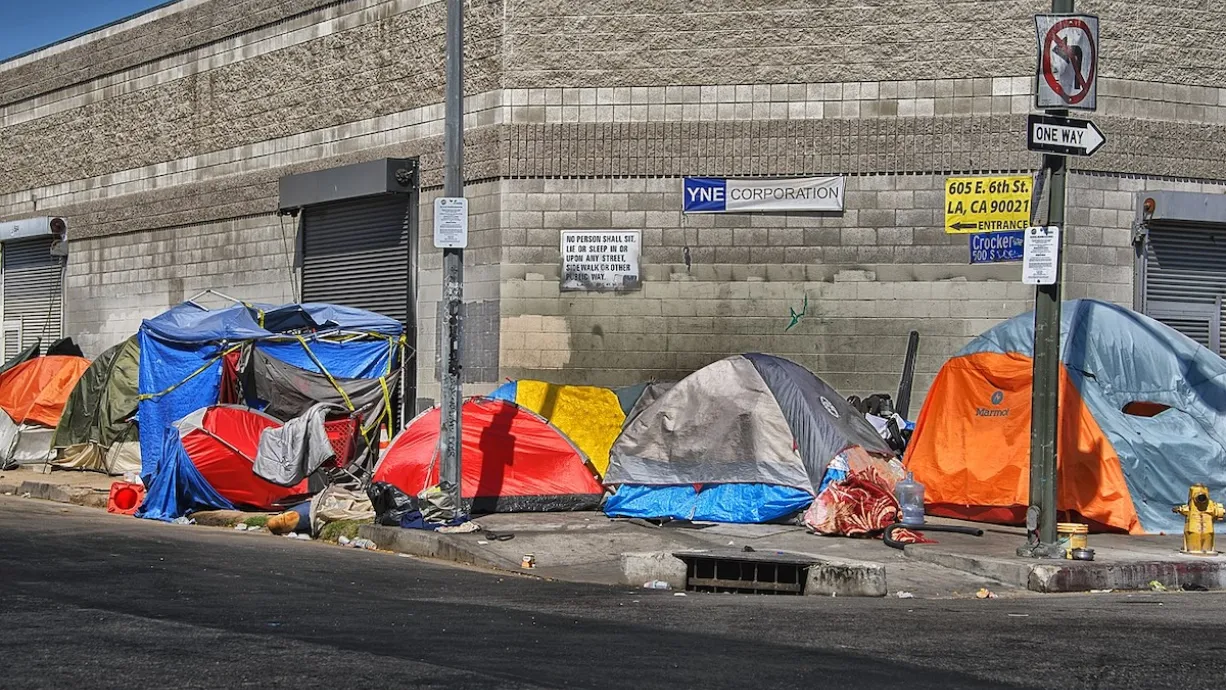Tents inhabited by unhoused people lined up on sidewalk in Los Angeles, California in front of industrial building.
