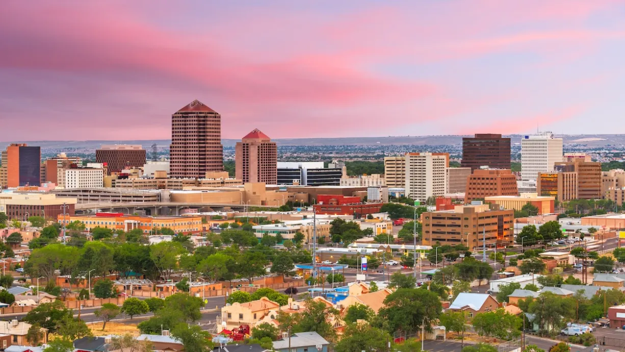 Aerial view of Albuquerque, New Mexico at sunset.