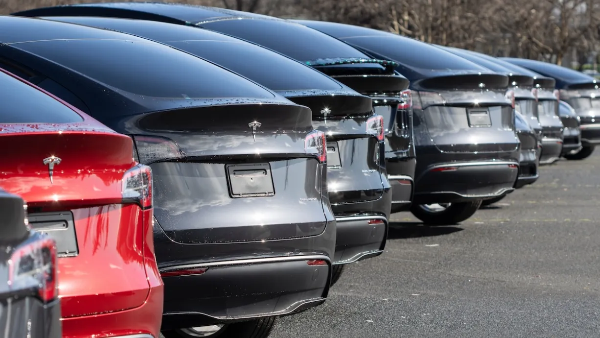 Low view of row of red, grey, and black Tesla electric cars.