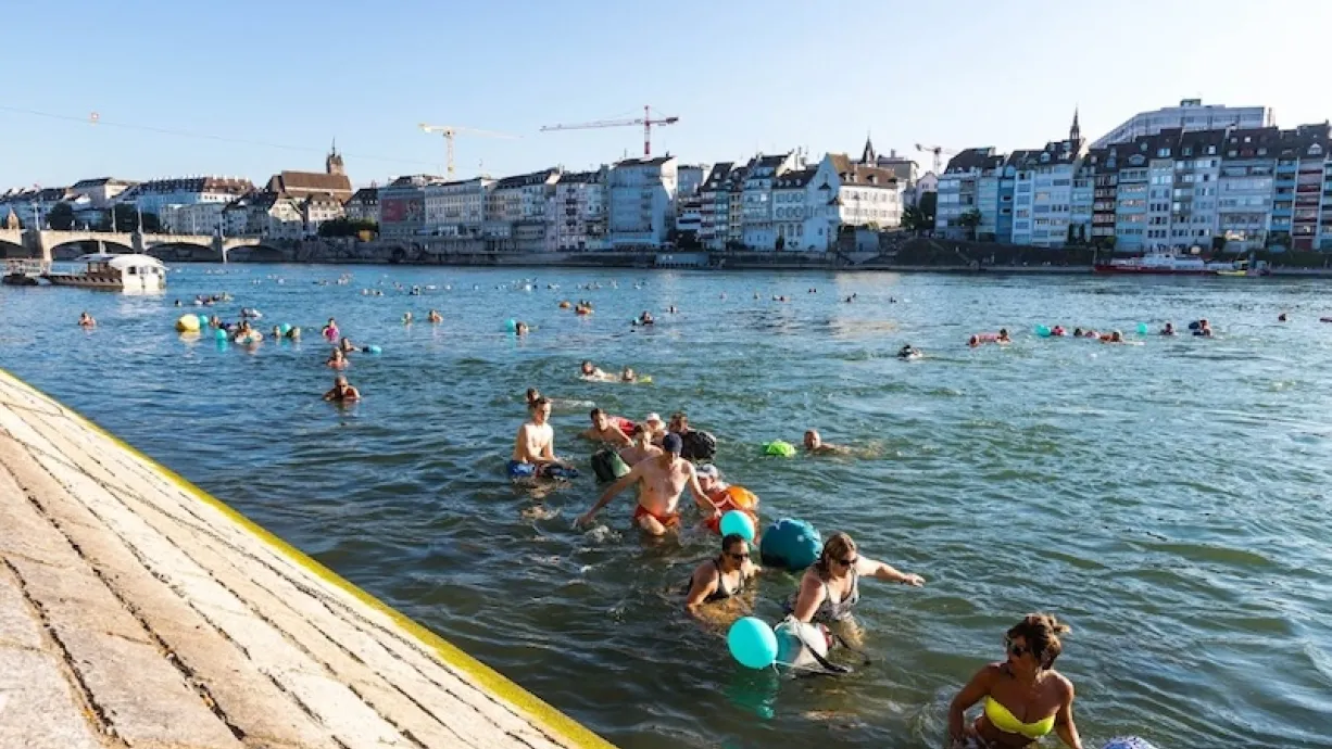 People swimming in Rhine River on a sunny day with low-rise, dense buildings along waterfront in background.