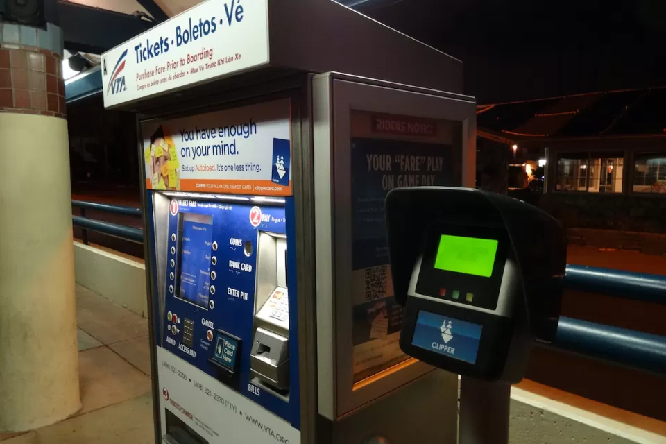 Transit fare purchase box at above-ground transit station in Santa Clara, California.