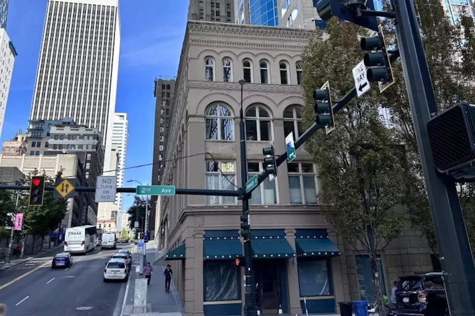 Downtown Seattle street with high-rise buildings.