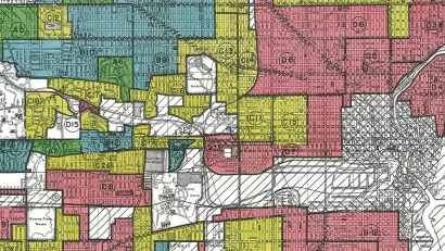 A historic color-coded HOLC map of Milwalkee with sections in red, yellow, and blue.