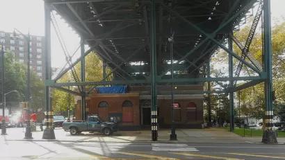 Former public restroom under bridge in New York City.